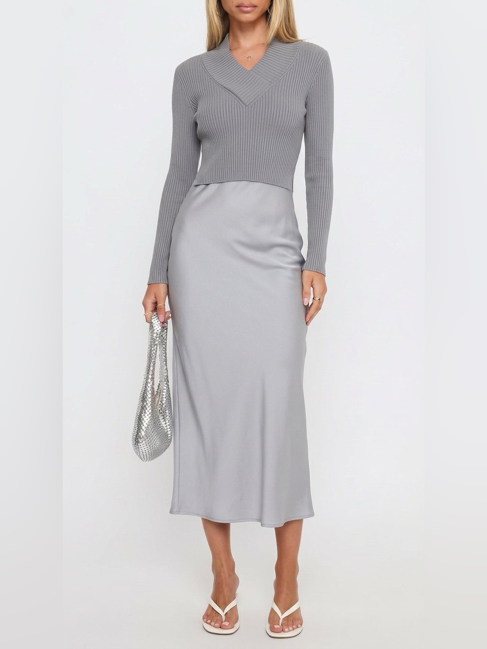 2 piece satin dress and Grey Ribbed Knit Top by all saints